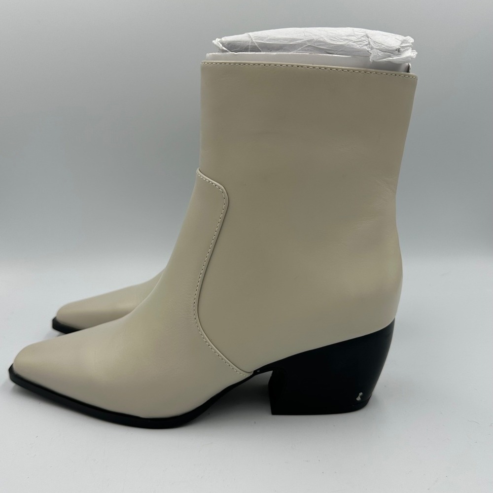 Franco Sarto Ankle Boots Wmn 7M Cream Leather Pointed Square Toe Block Heel READ